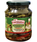 Պահածո Օտ Գուրմանա մարինացված մանրա վարունգներ կծու չիլլիով 1-4սմ 370մլ