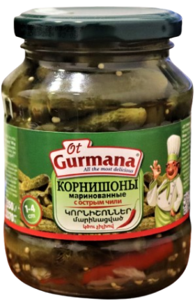 Պահածո Օտ Գուրմանա մարինացված մանրա վարունգներ կծու չիլլիով 1-4սմ 370մլ