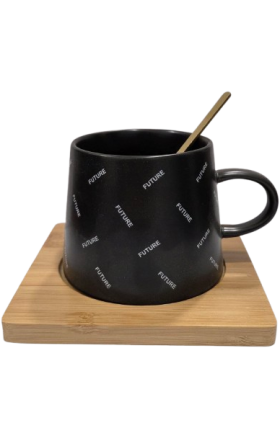 Tea cup with wooden saucer and metal spoon (single), AV-8665