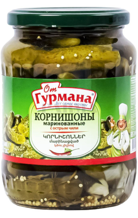 Консервированные огурцы От Гурмэ маринованные с острым перцем чили 1-4см 720мл
